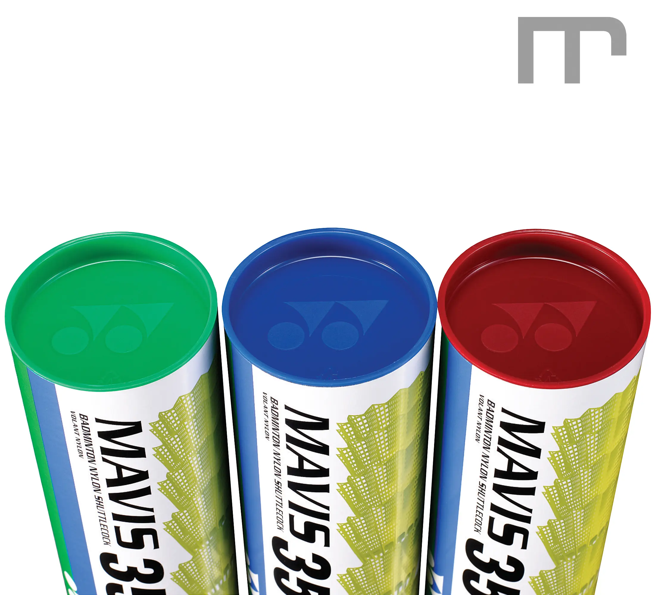 Badmintonball YONEX MAVIS 350 aus Nylon mit Naturkork-Kopf, gelbes oder weisses Kleid. Geschwindigkeiten grün (langsam), blau (mittel) und rot (schnell). Sehr haltbar, stabiler Flug – ideal für Schule, Center und Club.