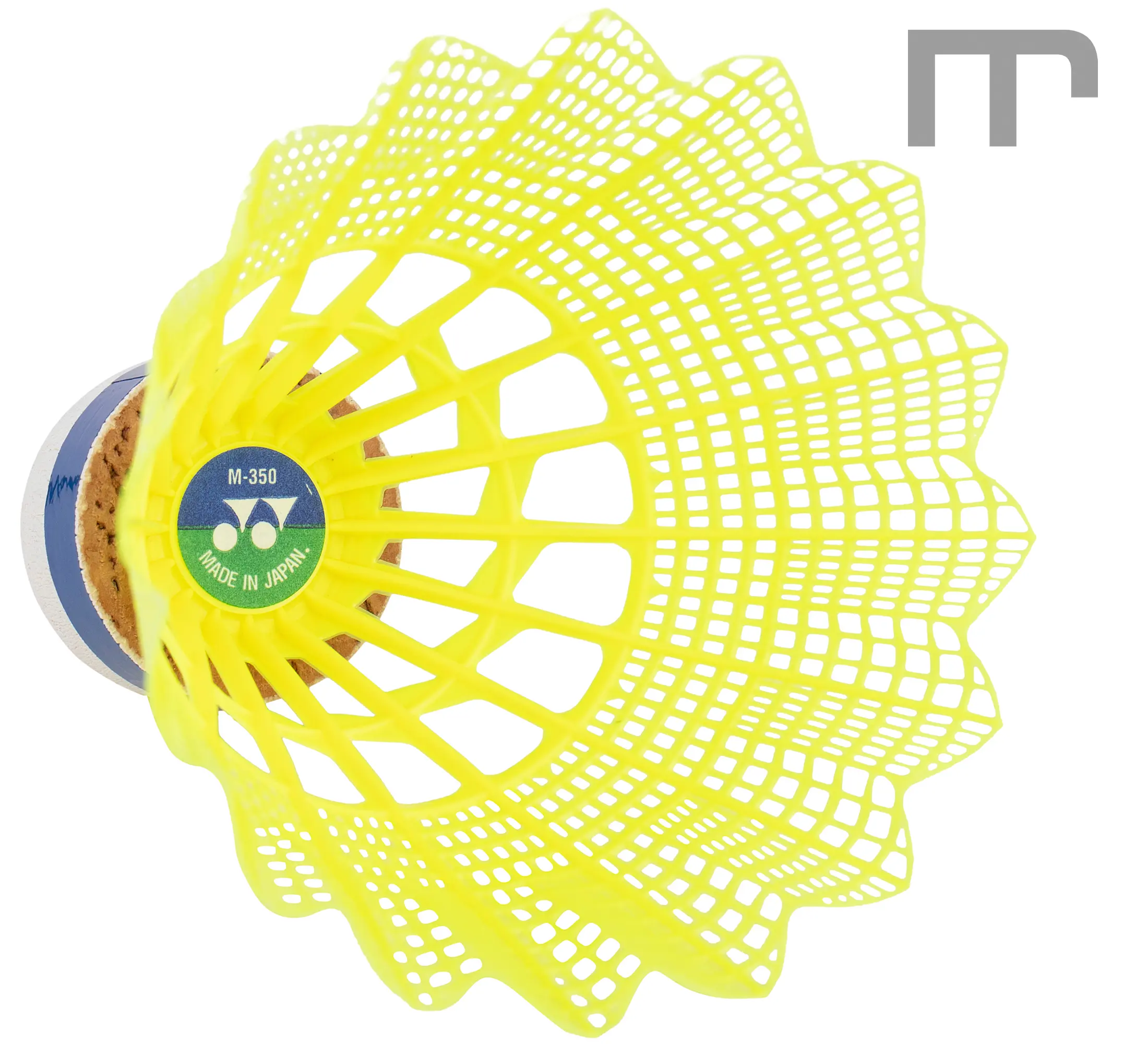 Badmintonball YONEX MAVIS 350 aus Nylon mit Naturkork-Kopf, gelbes oder weisses Kleid. Geschwindigkeiten grün (langsam), blau (mittel) und rot (schnell). Sehr haltbar, stabiler Flug – ideal für Schule, Center und Club.