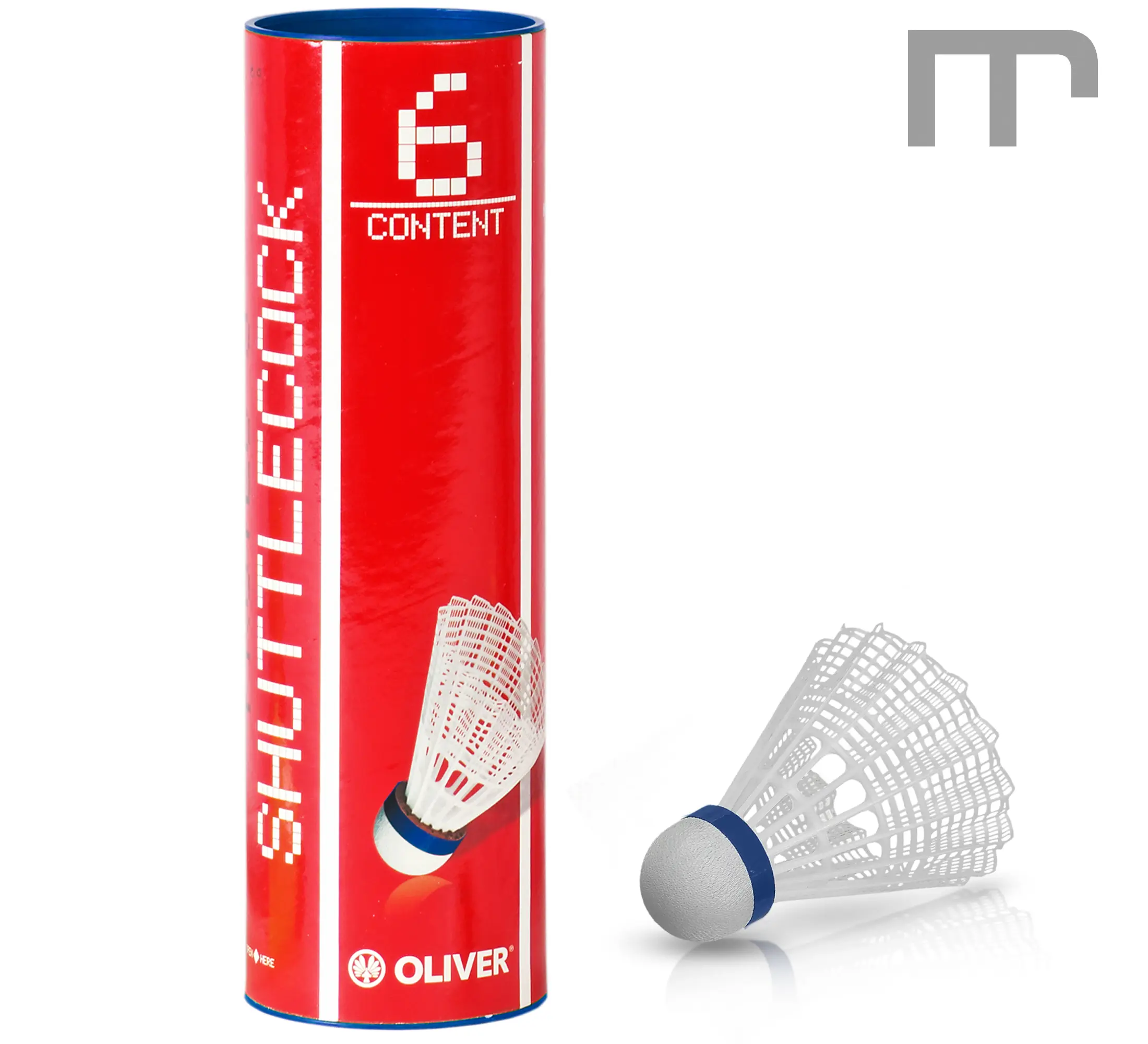 Volant de badminton OLIVER Pro Tec 5 en nylon avec tête en liège composite, vitesse moyenne (bleue). Idéal pour les écoles, centres et clubs jeunes. Durable, stable et économique – best-seller mss-sport Suisse.