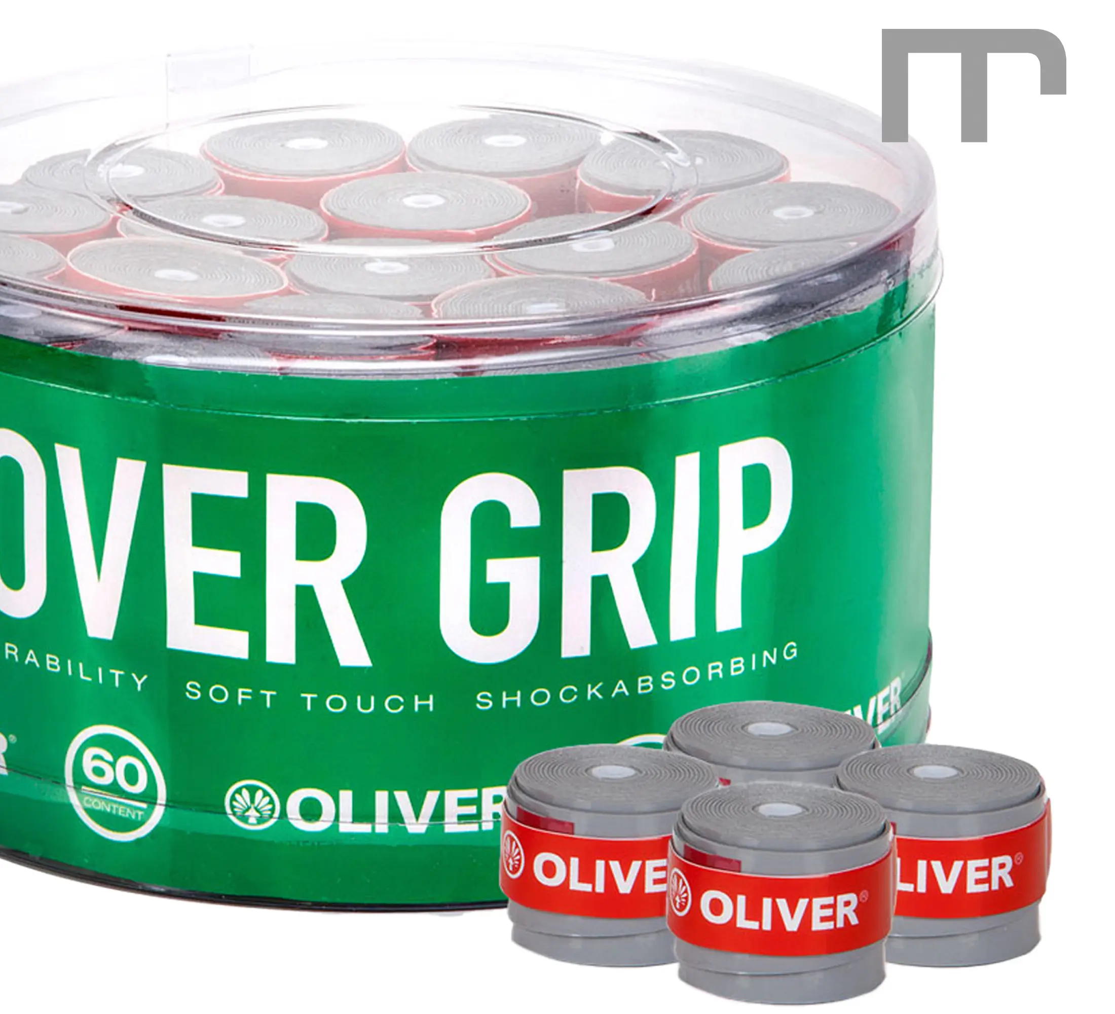 OLIVER Overgrip front view OLIVER Overgrip grau – Badminton-Griffband als Overgrip, erhältlich im box – Frontansicht. Jetzt preiswert kaufen bei mss-sport Schweiz.