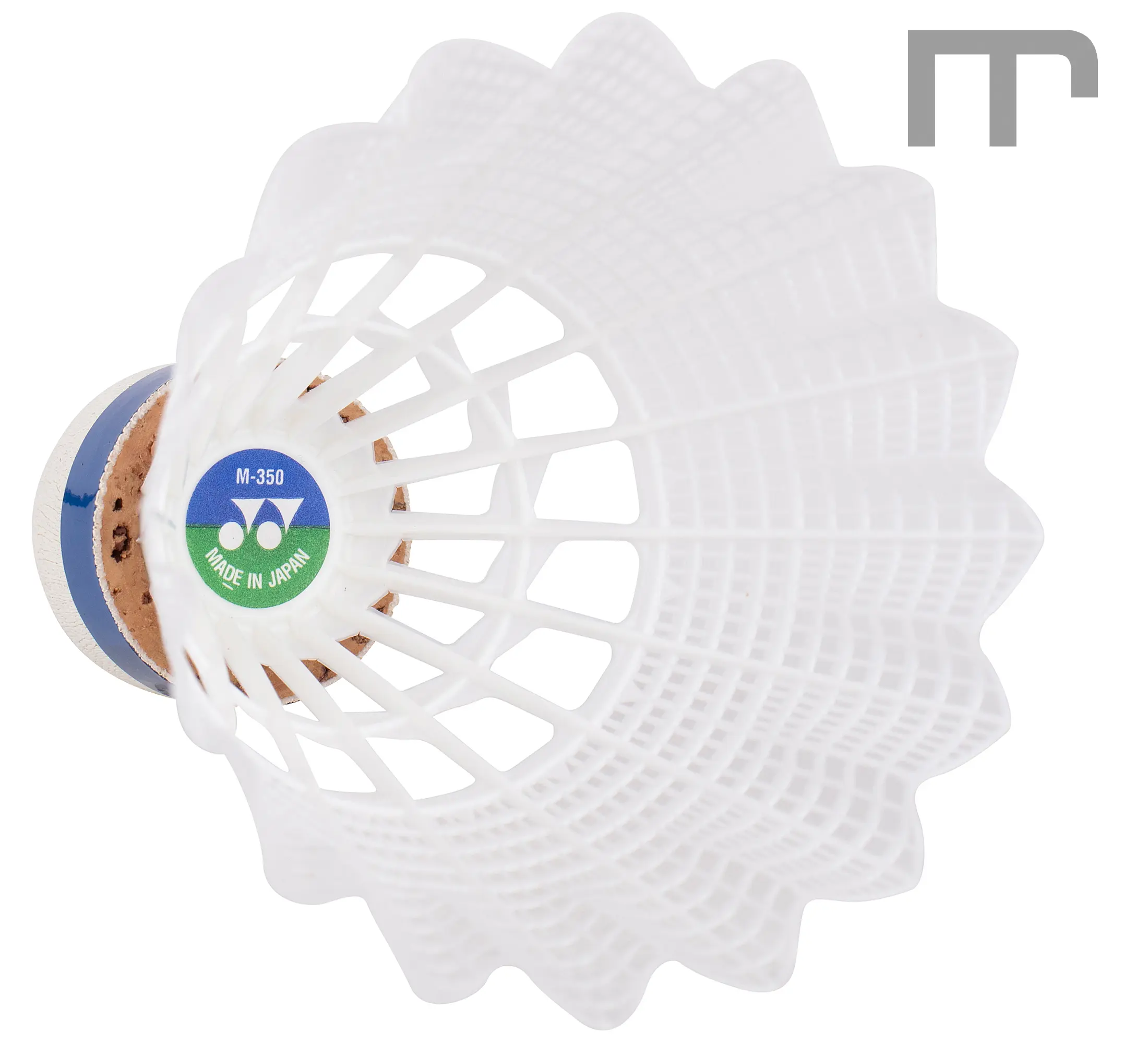 Badmintonball YONEX MAVIS 350 aus Nylon mit Naturkork-Kopf, gelbes oder weisses Kleid. Geschwindigkeiten grün (langsam), blau (mittel) und rot (schnell). Sehr haltbar, stabiler Flug – ideal für Schule, Center und Club.