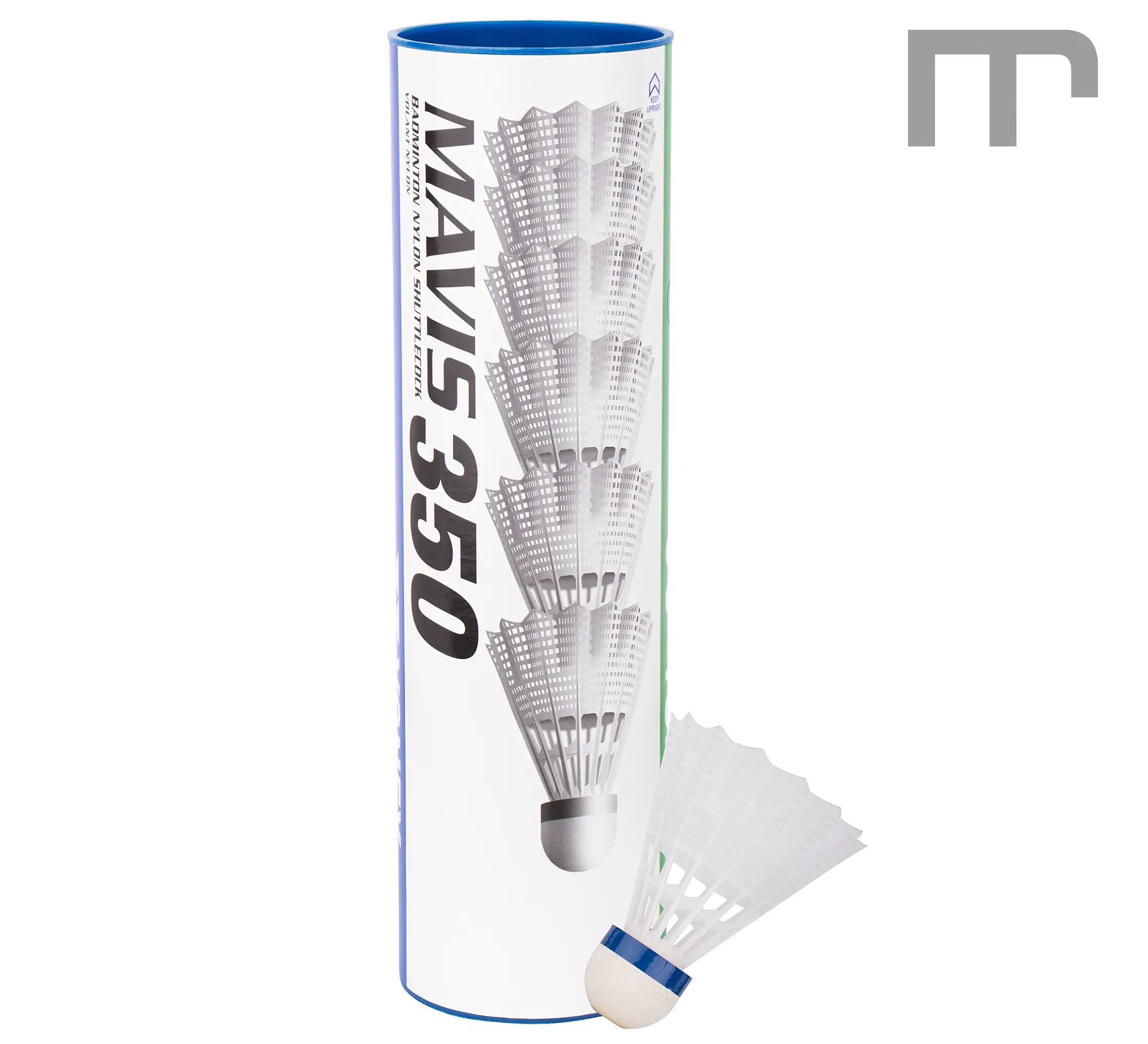 Badmintonball YONEX MAVIS 350 aus Nylon mit Naturkork-Kopf, gelbes oder weisses Kleid. Geschwindigkeiten grün (langsam), blau (mittel) und rot (schnell). Sehr haltbar, stabiler Flug – ideal für Schule, Center und Club.