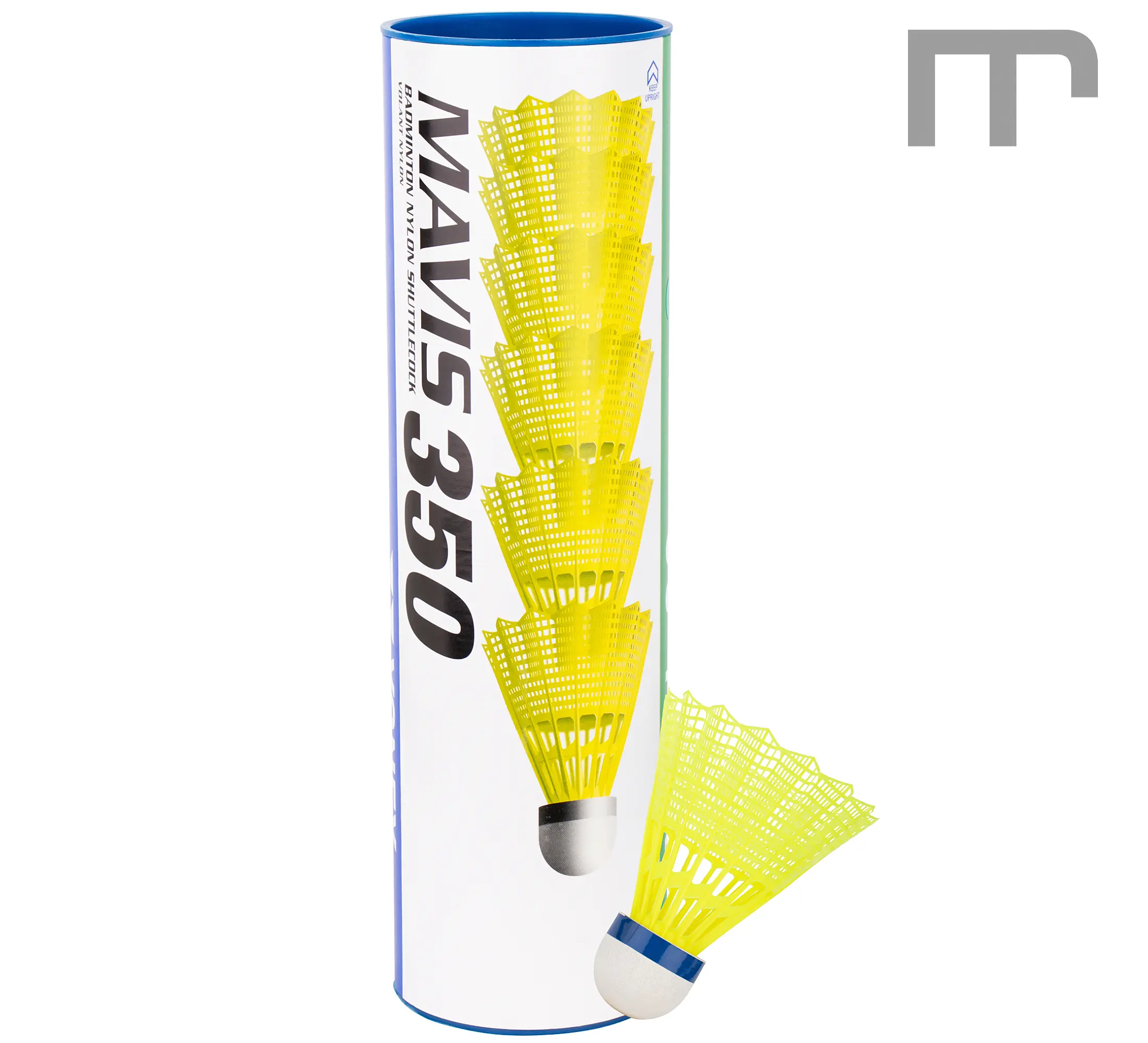Badmintonball YONEX MAVIS 350 aus Nylon mit Naturkork-Kopf, gelbes oder weisses Kleid. Geschwindigkeiten grün (langsam), blau (mittel) und rot (schnell). Sehr haltbar, stabiler Flug – ideal für Schule, Center und Club.