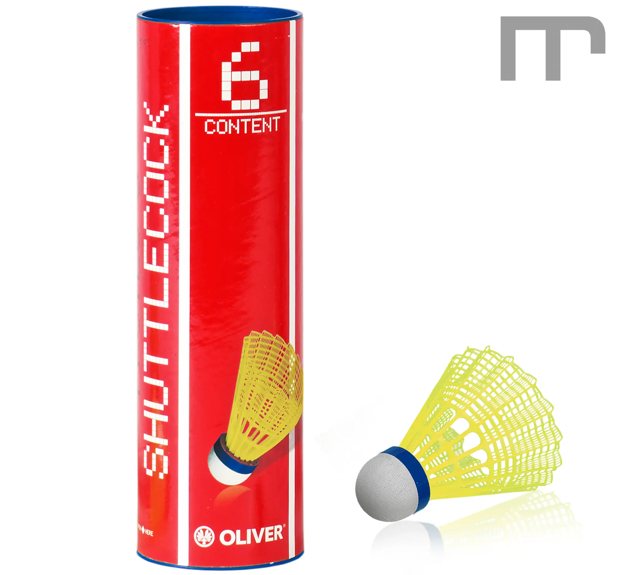 Volant de badminton OLIVER Pro Tec 5 en nylon avec tête en liège composite, vitesse moyenne (bleue). Idéal pour les écoles, centres et clubs jeunes. Durable, stable et économique – best-seller mss-sport Suisse.